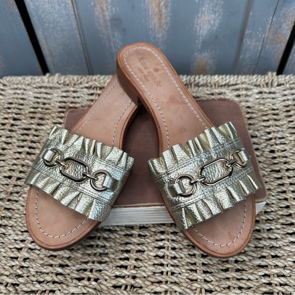 Kate Spade Ruffle Beau Leather Slide Sandal Gold Sz 8
